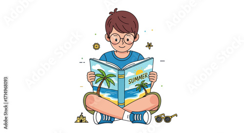 Boy engrossed in a summer travel book.