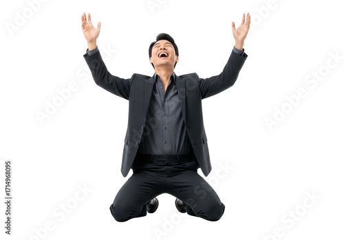 Asian Man Celebrating Success Joyfully With Arms Raised in Victory Isolated on Transparent Background