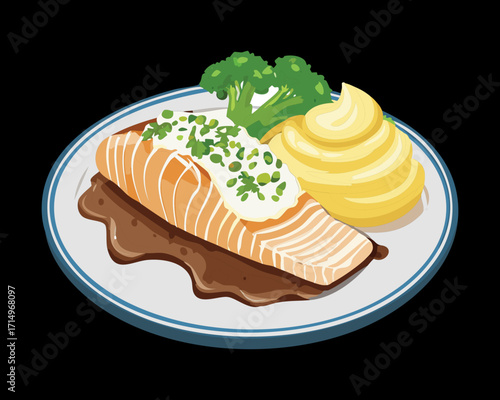Succulent Roasted Salmon Fillet Drizzled with Brown Sauce Served with Creamy Mashed Potatoes and Fresh Steamed Broccoli - Vector Illustration	
