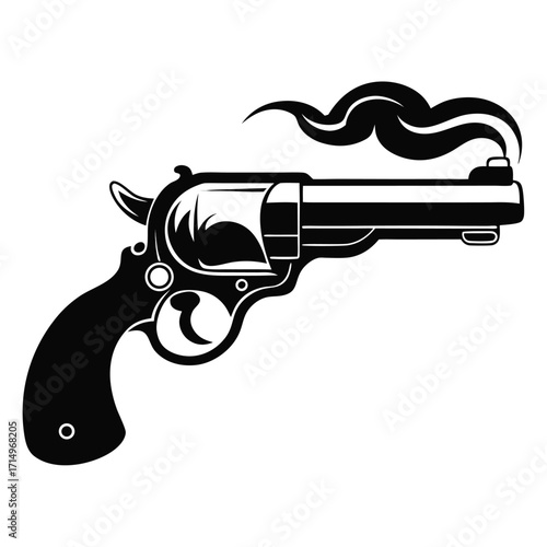 Silhouette of a Revolver Gun with Smoke Emanating from the Barrel Keywords: gun, revolver, pistol, firearm, weapon
