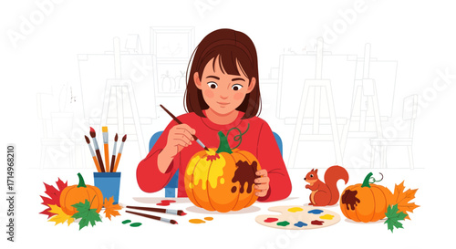 Young girl painting a pumpkin for Halloween with art supplies.