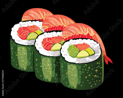 Deluxe Salmon, Avocado, and Cucumber Sushi Rolls Highlighted with Fresh Fish Slices and Green Creamy Filling - Vector Illustration	
