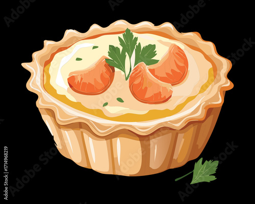 Savory Shrimp Quiche or Seafood Tart in a Flaky Golden Crust Filled with Creamy Egg Custard and Fresh Parsley - Vector Illustration	