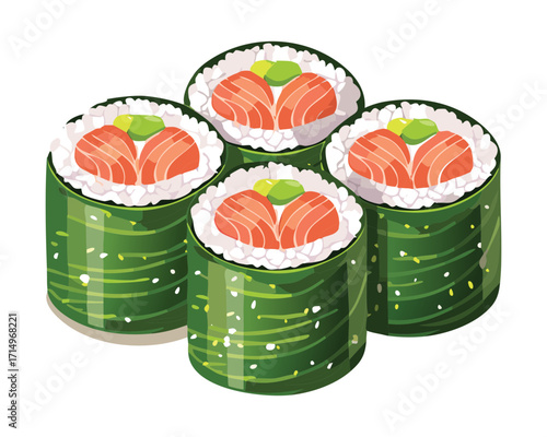 Classic Japanese Salmon and Cucumber Sushi Rolls Wrapped in Seaweed Ready for Dipping in Soy Sauce or Wasabi - Vector Illustration	