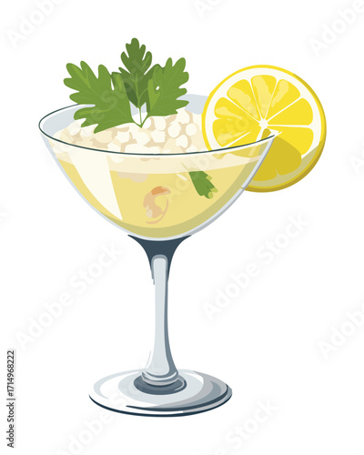 Refreshing Lemonade or Citrus Cocktail in a Tall Glass Garnished with Fresh Parsley and a Bright Yellow Lemon Slice - Vector Illustration	