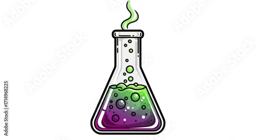 Erlenmeyer Flask with Bubbling Green and Purple Liquid and Rising Fumes.
