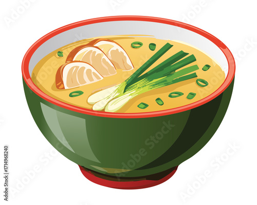Comforting and flavorful bowl of Asian soup, perhaps a spicy laksa or tom yum, garnished with bright lemon slices and fresh green onion tops - Vector Illustration.

