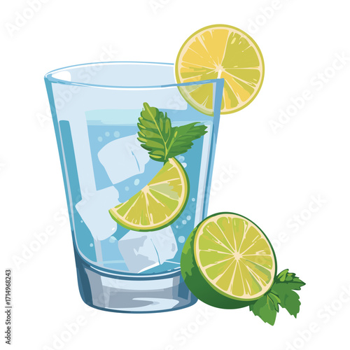  Crisp, cool water or clear cocktail drink filled with ice cubes, fresh mint leaves, and a bright, zesty slice of lime - Vector Illustration.


