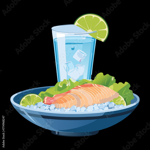  Freshly chilled seafood on crushed ice, possibly shrimp or salmon, garnished with a vibrant lime wedge and accompanied by a refreshing glass of water - Vector Illustration.