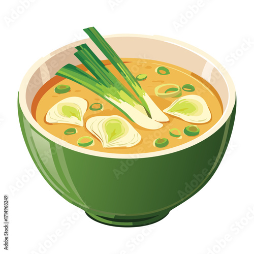 Refreshing and zesty bowl of traditional Thai tom yum or curry soup with chicken, bright green herbs, and thinly sliced scallions in a deep green bowl - Vector Illustration.