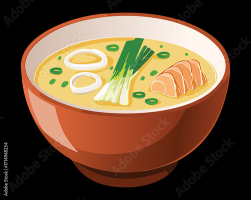 Hearty and aromatic Asian-style seafood noodle soup, featuring tender shrimp, sliced scallions, and a rich, spicy orange-brown broth - Vector Illustration.