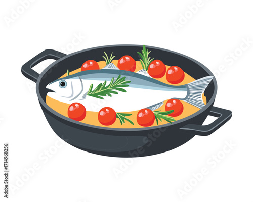 Delicious cooked sea bream or other white fish, seasoned and pan-fried with red cherry tomatoes in a textured black skillet, ready to serve - Vector Illustration.