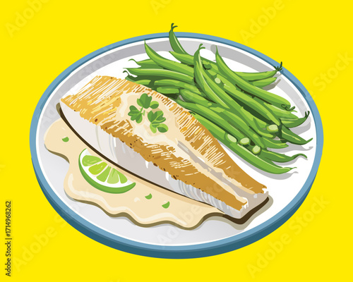 Tender white fish fillet, lightly pan-seared and presented with blanched green beans and a wedge of fresh lime on a bright yellow plate - Vector Illustration.