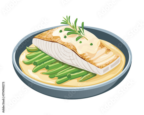 Elegantly plated, perfectly seared salmon portion served alongside vibrant, crisp green string beans on a clean white dinner plate - Vector Illustration.