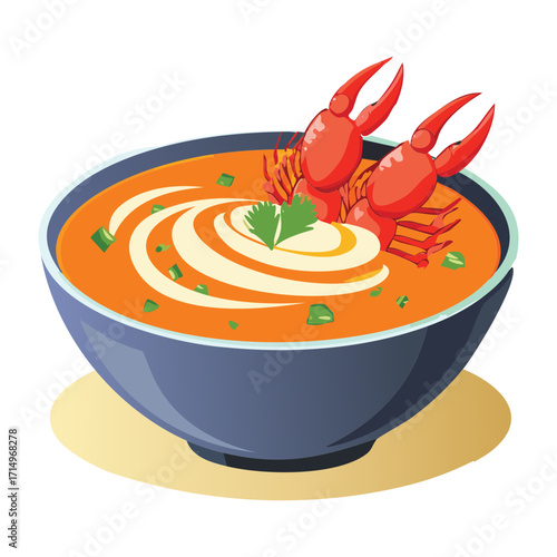 Vibrant, creamy bisque or lobster soup, presented in a deep blue bowl and beautifully garnished with a cooked whole crawfish - Vector Illustration.

