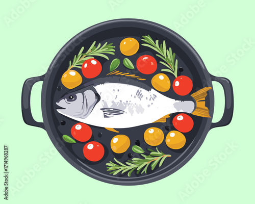Exquisite pan-seared white fish fillet with golden-brown skin, surrounded by ripe cherry tomatoes and a delicate olive oil sauce - Vector Illustration.