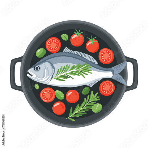 Whole grilled sea bream with fresh cherry tomatoes and herbs served hot in a classic black iron skillet - Vector Illustration