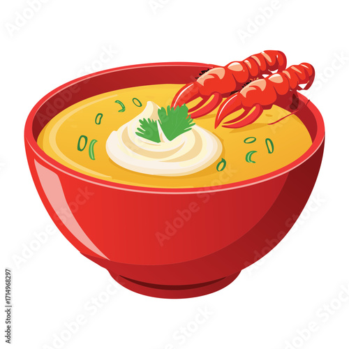 Warm, creamy, and satisfying bisque or seafood chowder with a smooth yellow base, garnished with fresh red lobster and a dollop of white cream - Vector Illustration.