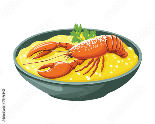 Hearty and smooth seafood chowder or bisque with a creamy yellow base, featuring a bright red lobster half, served in a dark green and brown bowl - Vector Illustration.