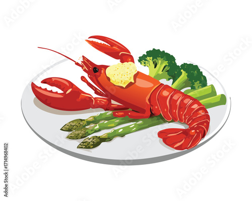 Healthy and colorful steamed seafood plate featuring a cooked lobster half, bright green asparagus spears, and florets of broccoli on a white dish - Vector Illustration.