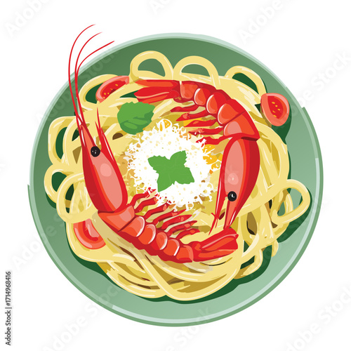 Italian seafood spaghetti dish with linguine covered in a fresh tomato sauce, garnished with a red lobster half and vibrant green herbs - Vector Illustration.

