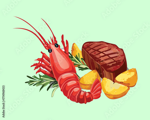 Simplified but appealing surf and turf concept with a whole red lobster and a brown grilled steak accompanied by golden fried potatoes on a light green background - Vector Illustration.
