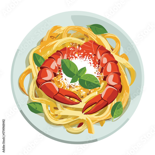 Elegant top-down view of seafood pasta, featuring spaghetti tossed in a light sauce, crowned with a bright red lobster half, ready for a gourmet dinner - Vector Illustration.