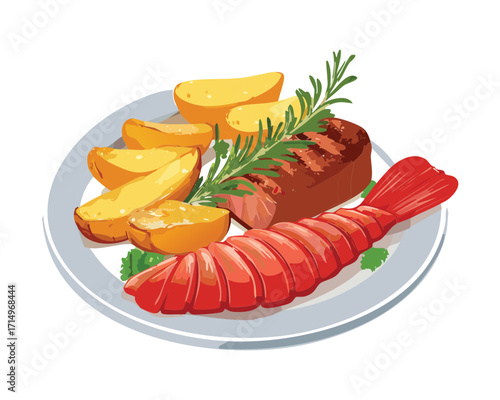 Classic surf and turf platter: a cooked red lobster tail paired perfectly with seasoned wedge potatoes and a succulent grilled beef steak - Vector Illustration.