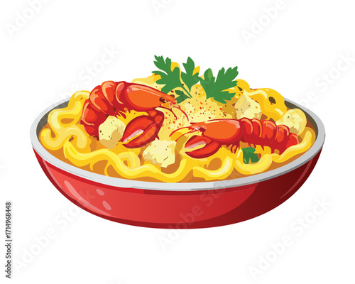 Indulgent lobster mac and cheese, served bubbling hot in a vibrant red serving bowl and garnished with fresh chopped parsley and a red claw - Vector Illustration.