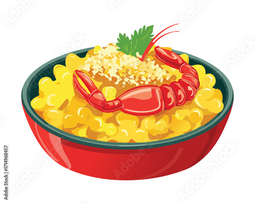 Luxurious baked mac and cheese with a bright yellow hue, featuring a perfectly cooked lobster tail and a light sprinkle of golden-brown breadcrumbs - Vector Illustration.