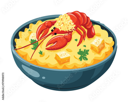 Gourmet macaroni and cheese dish infused with rich creaminess, topped with a cooked red lobster half and fresh green herbs in a deep bowl - Vector Illustration.