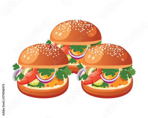 Perfectly arranged stack of three classic lobster or shrimp burgers, dressed with lettuce, onion, and a generous sprinkle of toasted sesame seeds on the bun - Vector Illustration.