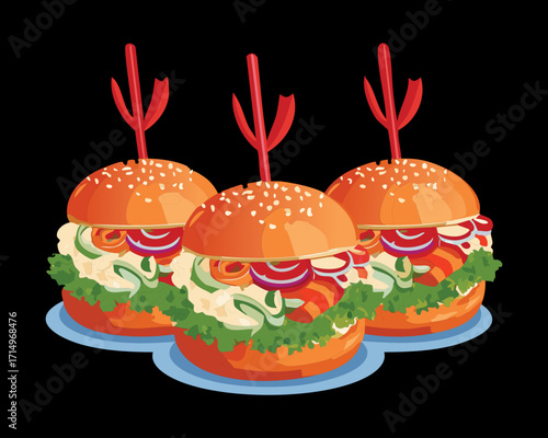 Trio of appetizing mini seafood sliders, featuring bright red lobster meat patties on sesame buns, held together by small black party picks - Vector Illustration.