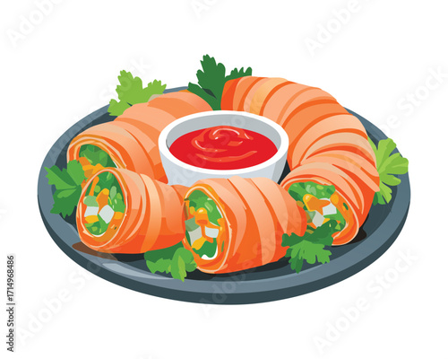 Savory, fresh summer rolls or spring rolls, filled with lettuce and shrimp, sliced and drizzled with a rich red peanut or sweet chili dipping sauce - Vector Illustration.