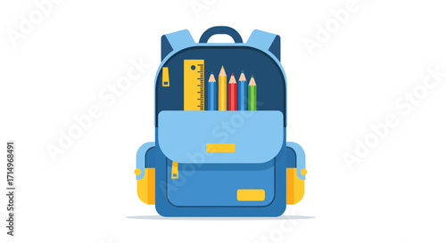 A blue school backpack open and filled with colorful pencils a graphite pencil and a yellow ruler.