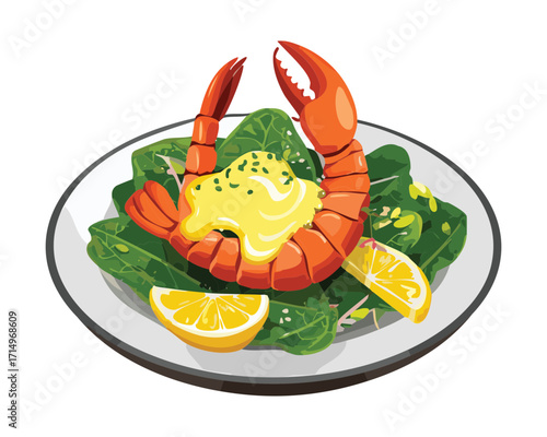 Elegant presentation of a whole cooked red lobster on a bed of wilted spinach or greens, garnished with fresh lemon wedges on a clean white plate - Vector Illustration.