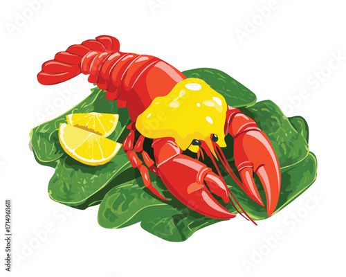Decadent lobster eggs benedict or a similar dish: a cooked lobster half smothered in bright yellow hollandaise sauce on a bed of fresh spinach - Vector Illustration.