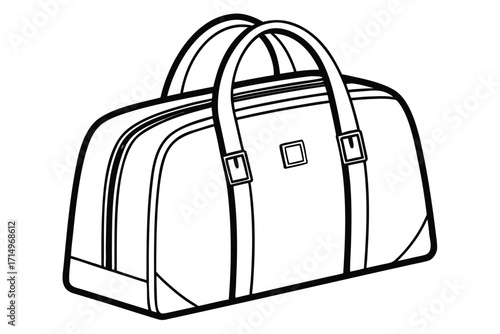 Black and white illustration of a classic duffel bag with straps and buckles gym bag travel bag