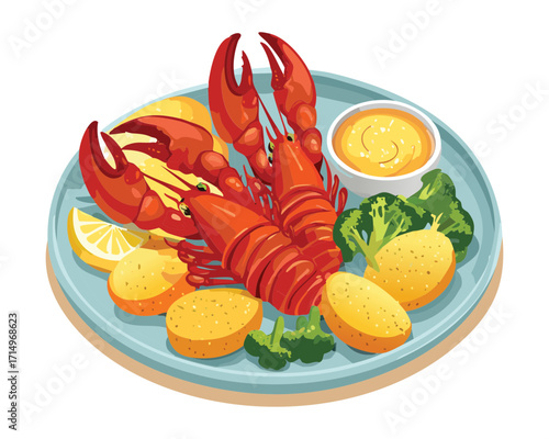 Simple yet luxurious plate of cooked lobster tails and claws, garnished with fresh lemon wedges and a small bowl of creamy yellow dipping sauce - Vector Illustration.