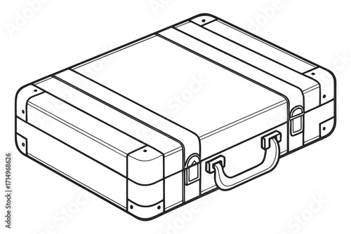Black and white isometric outline of a vintage suitcase with straps luggage travel