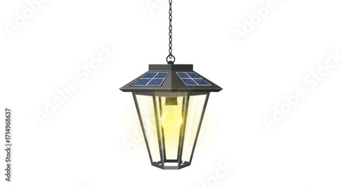 Solar-powered hanging outdoor lantern with glowing light.