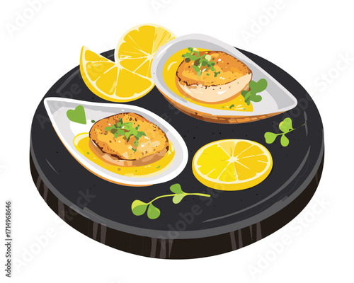 Delicious seafood appetizer pairing: succulent seared scallops and savory deviled eggs, beautifully garnished with fresh lemon wedges on a black slate - Vector Illustration.