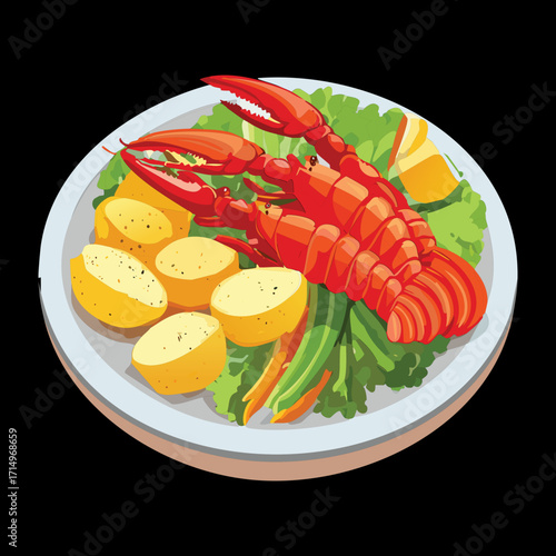 Traditional boiled whole red lobster, served hot and fresh alongside golden baby potatoes and bright green salad leaves on a simple white plate - Vector Illustration.