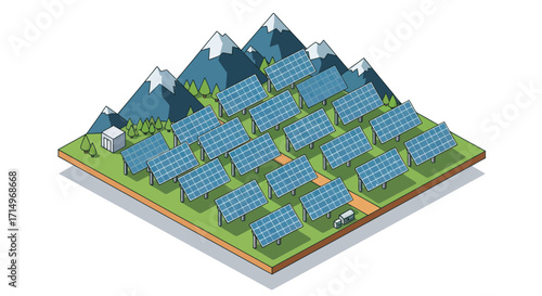 Solar Panel Array in Mountainous Landscape Renewable Energy Illustration.