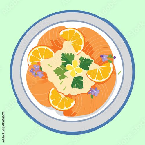 Exquisite smoked salmon slices, artfully arranged on a round plate with fresh lime wedges, dill, capers, and a light creamy sauce - Vector Illustration.
