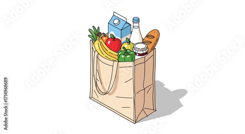 Reusable Tote Bag Filled with Groceries: Fruits Vegetables Dairy and Bread.