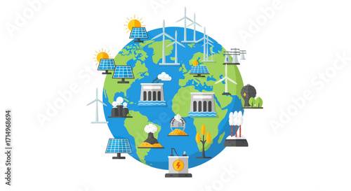 Planet Earth globe illustrating diverse global energy sources including wind turbines solar panels and hydroelectric dams.