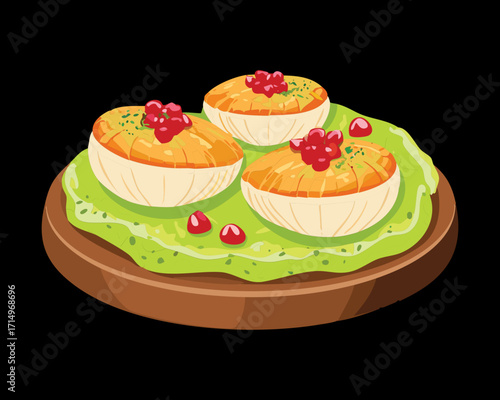 Gourmet seafood appetizer pairing: deviled eggs topped with a small seared scallop, served on a bed of bright green pea puree on a dark wooden base - Vector Illustration.