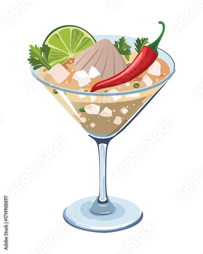 Zesty and refreshing seafood ceviche, featuring white fish or shrimp, garnished with a vibrant red chili pepper and lime in a large cocktail glass - Vector Illustration.

