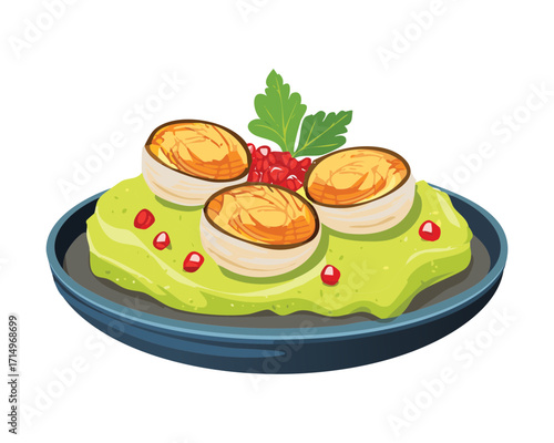 Creative and healthy deviled egg presentation: halves topped with roasted mushrooms and served on a smooth green avocado or pea mash base - Vector Illustration.